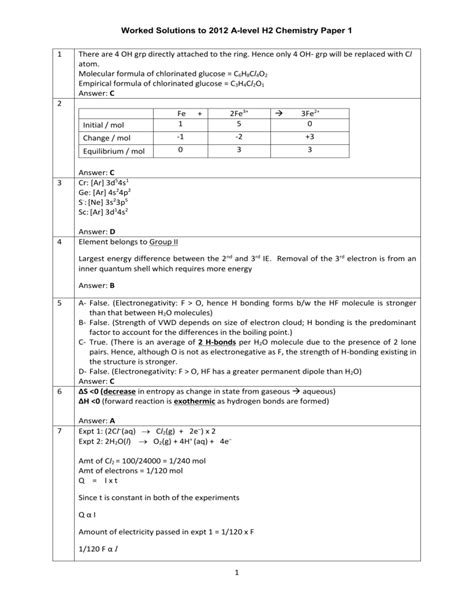 Worked Solutions To 2012 A Level H2 Chemistry