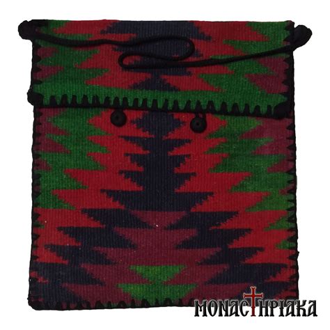 Monk Handwoven Bag With Patterns In Green Red Monastiriaka