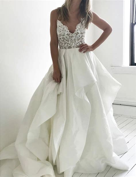 Elegant A Line V Neck Spaghetti Straps Satin Lace Wedding Dresses