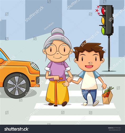 Child Helping Old Woman Cross Street Stock Vector Royalty Free