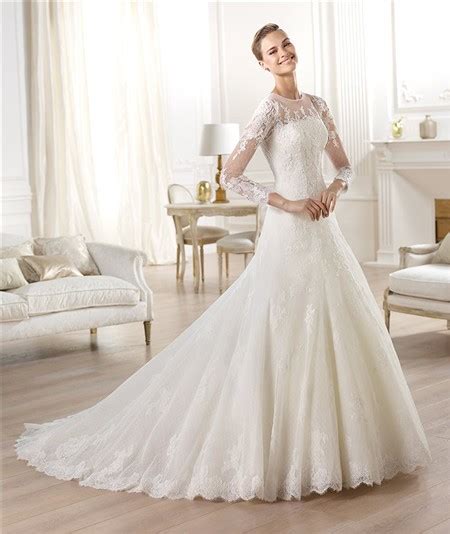 A Line Sheer Illusion Scoop Neckline Long Sleeve Tulle Lace Wedding Dress