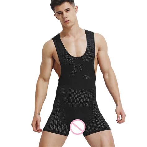 Sexy Mens Bodysuit Wrestling Singlet Bikini Jumpsuit Suspender Mesh