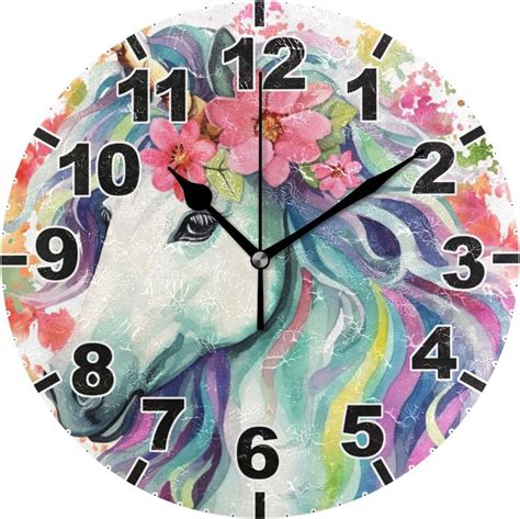 Gzhjmy Watercolor Unicorn Round Pvc Wall Clock Battery Operated Silent Non Ticking Desk Clock