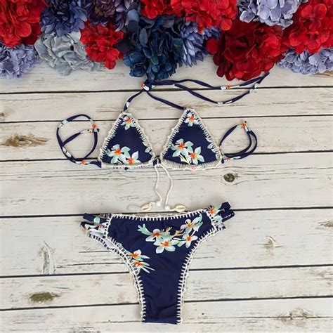 Swim Sexy Boho Navy Blue Floral Triangle Bikini With Shells Poshmark