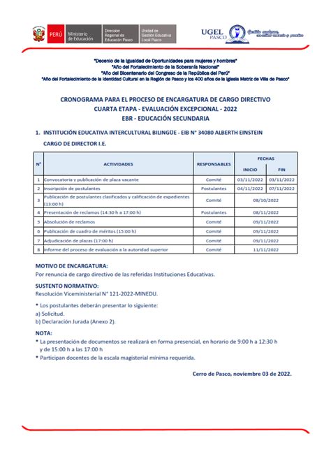 Cronograma Proceso De Encargatura De Cargo Directivo Ugel Pasco