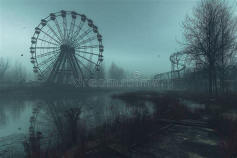 Spooky Amusement Park With A Haunted Ferris Wheel And Eerie Attractions