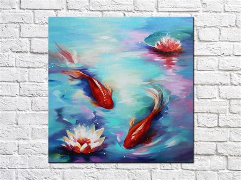 Fish Koi Painting On Canvas Japanese Carp Oil Art Lotus Pond Original