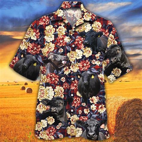 Black Angus Cattle Red Plaid Pattern Hawaiian Shirt T Shirts Low Price