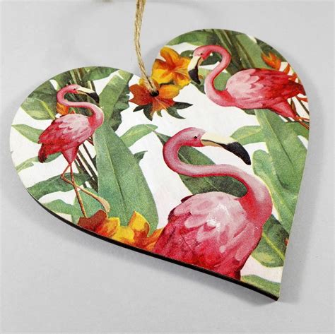 Hanging Heart Decoupaged Heart Flamingo Heart Wooden Heart Etsy