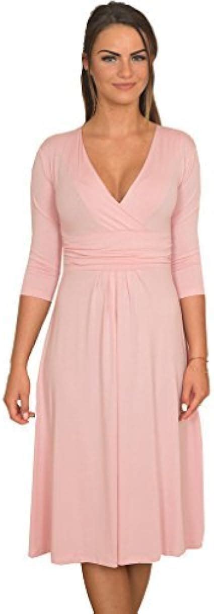 Women S Sleeve Knee Length V Neck Stretch Dress Light Pink