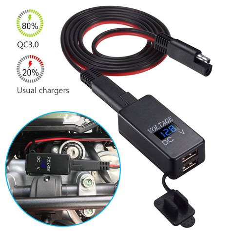 12V Motorcycle SAE To USB Dual Port Charger Voltmeter Cable Adapter