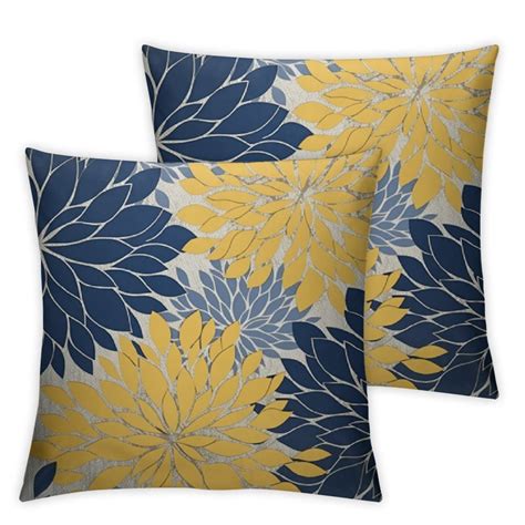 Nawypu Navy Blue Yellow Pillow Covers Set Of 2 Modern Geometry Dahlia Floral Print Decorative