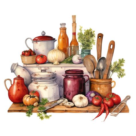 Premium Ai Image Beautiful Rustic Kitchen Tools Watercolor Vintage