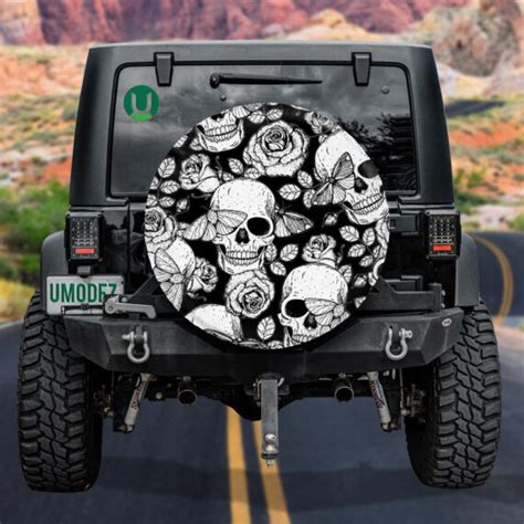 Black And White Human Skull Butterfly Roses Leaves Spare Tire Cover