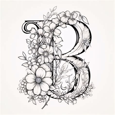 Floral Capital Letter B With Flowers And Leaves Hand Drawn Vector