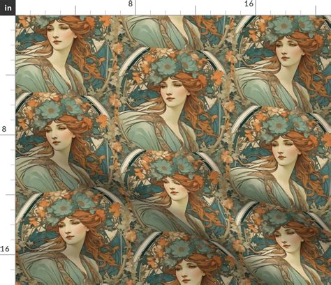 Mucha Floral Motifs Advertising Fabric Spoonflower