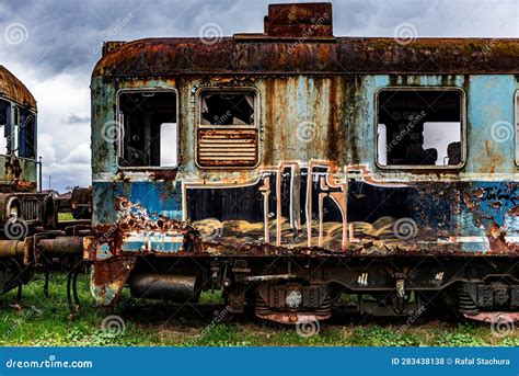 Old Rusty Electric Multiple Units Abandoned On Unused Railway Tracks