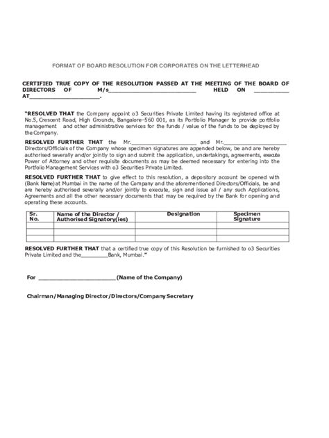 Fillable Online Board Resolution Authorized Signatory Template Full Pdf Fax Email Print Pdffiller