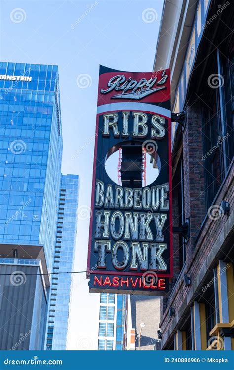 Neon Sign For Rippys Ribs And Bbq Honky Tonk In Downtown Editorial