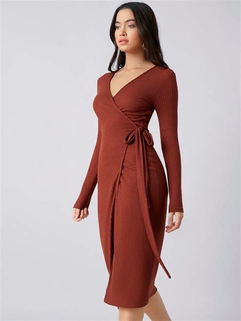 Rib Knit Wrap Belted Dress Shein Usa In 2021 Belted Dress Dresses Knit Wrap