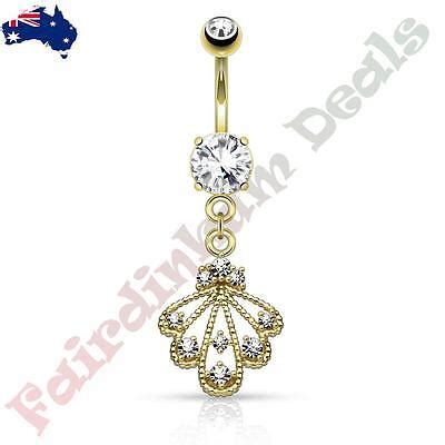 316L Surgical Steel Gold Ion Plated Belly Ring With CZ Set Braided Fan