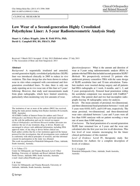 Pdf Low Wear Of A Second Generation Highly Crosslinked Polyethylene Liner A 5 Year