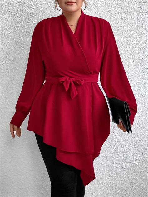 Plus Surplice Neck Asymmetrical Hem Belted Blouse Shein Usa