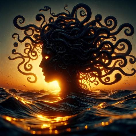 Silueta de la poderosa medusa emergiendo del océano en una hermosa