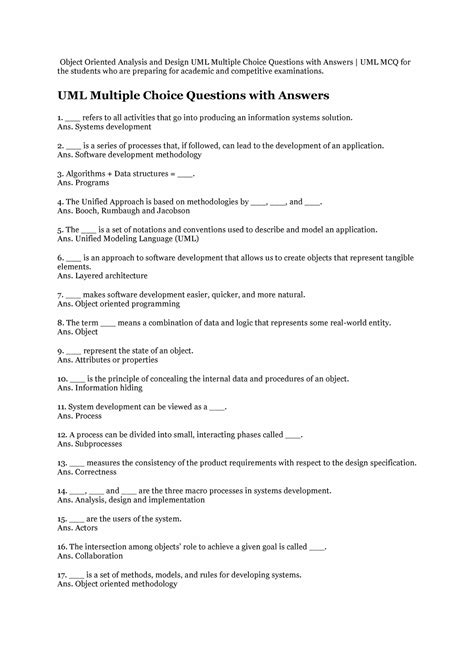 Object Oriented Analysis And Design Uml Multiple Choice Questions Uml