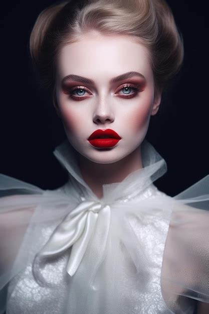 Premium Ai Image A Model With Red Lips And A White Shirt