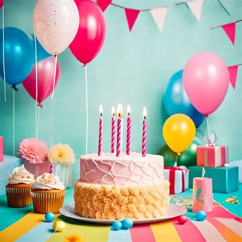 Premium Photo Happy Birthday Cake Balloons Candles And Confetti