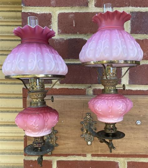 Victorian Cranberry Peg Oil Lamps Pair On Matching Sconces