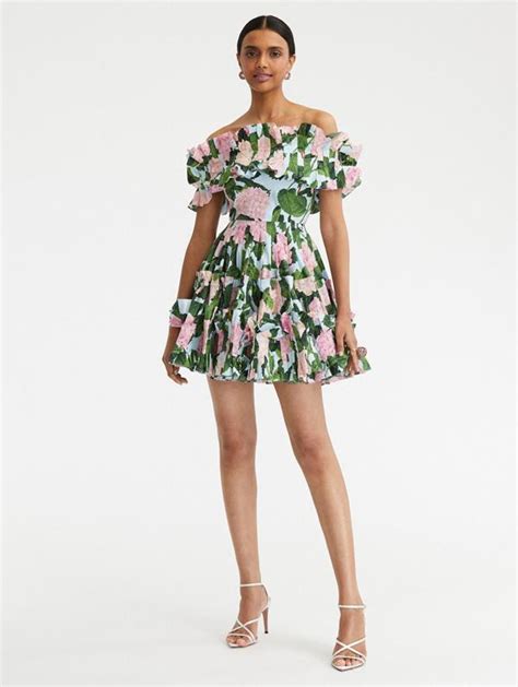 Oscar De La Renta Ruffle Detail Hydrangea Off Shoulder Mini Dress