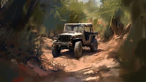 Premium AI Image | A jeep on a dirt road in the woods