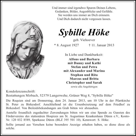 Traueranzeigen von Sybille Höke Aachen gedenkt