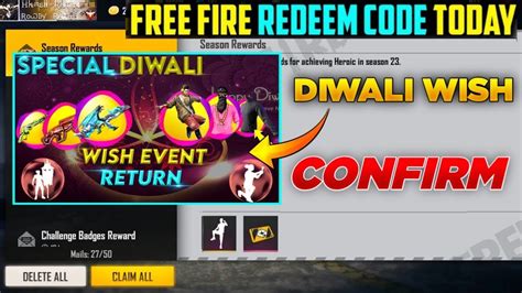 FREE FIRE DIWALI VIDEO REDEEM CODE DIWALI WISH EVENT CONFIRM DATE