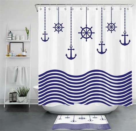 Coastal Waves And Nautical Anchors Shower Curtain Navy Blue And White