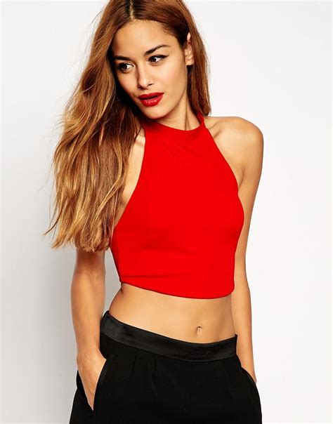 Asos Crop Top With Halter Neck In Crepe At Red Halter Top Outfit Crop Tops Halter