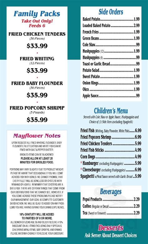 Mayflower Seafood Restaurant Menu In Darlington South Carolina