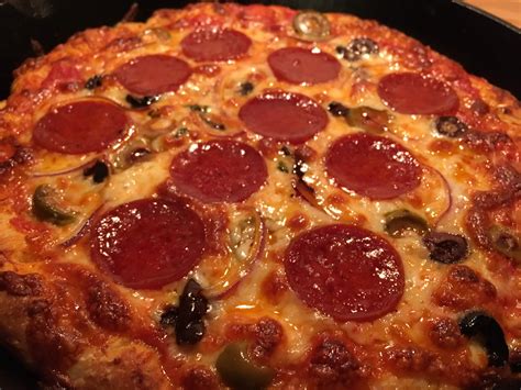 Homemade Pepperoni Pan Pizza With Hot Honey Olives Onions And