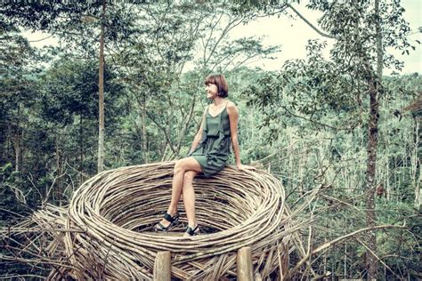 Young Woman In Artificial Nest In Rainforest Of Tropical Bali Island