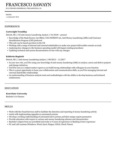 Anti Money Laundering Analyst Resume Samples Velvet Jobs