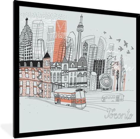 Fotolijst Incl Poster Tekening Van Een Oranje Bus Uit Toronto In