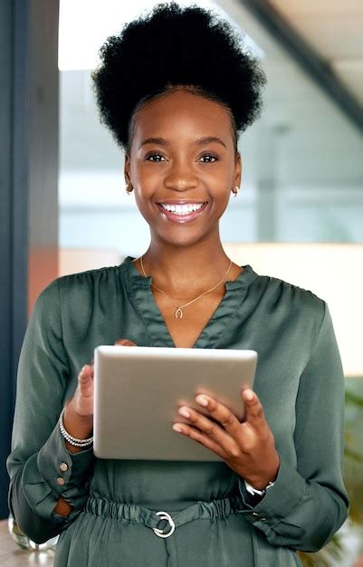 Premium Photo Black Woman In Business Tablet And Smile In Portrait