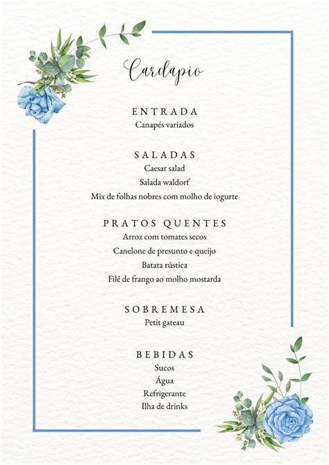 Cardápio Menu De Casamento Editável Aquarela Floral Azul Menu Design