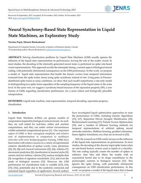 PDF Neural Synchrony Based State Representation In Liquid State