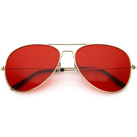 Retro Unisex Large Red Tinted Lens Metal Aviator Sunglasses Zerouv