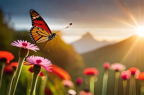 Una Mariposa Monarca Vuela Sobre Un Campo De Flores Con La Puesta De