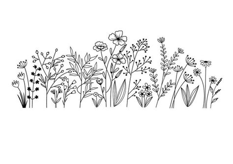 A Line Drawing Of Flowers And Plants On A White Background