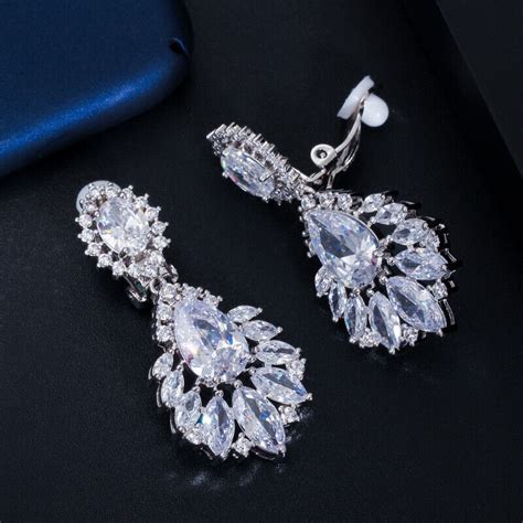 Cwwzircons Silver Dangle Drop Cz Women Long Clip On Earrings For No